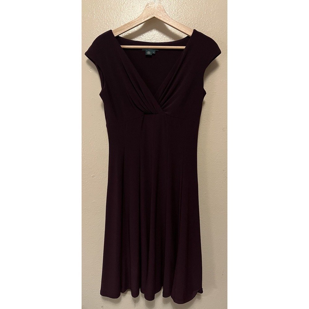 Lauren Ralph Lauren Empire Waist V-Neck Dress Cap Sleeves Purple Stretch Sz 2